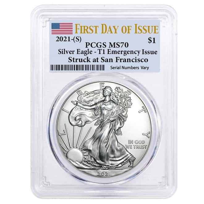 2021 (S) 1 oz Silver American Eagle $1 Coin PCGS MS 70 FDOI Emergency Issue