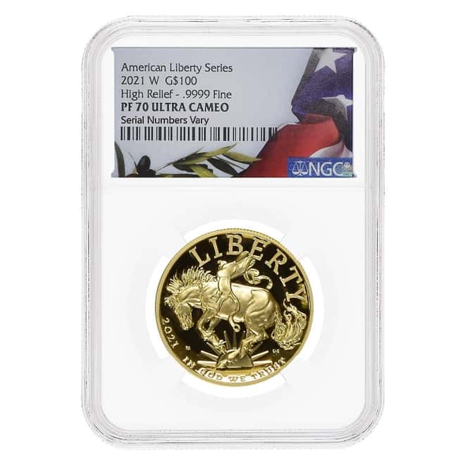 2021 W 1 oz $100 American Liberty High Relief Gold Coin NGC PF 70 UCAM (Flag Label)