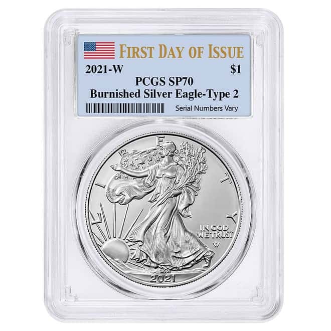 2021-W 1 oz Burnished Silver American Eagle Type 2 PCGS SP 70 FDOI
