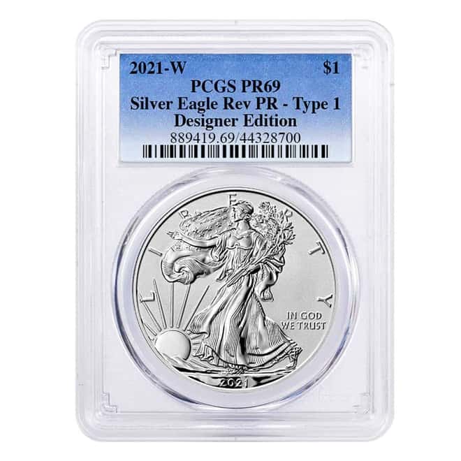 2021-W 1 oz Rev Proof Silver American Eagle Type 1 PCGS PF 69 Designer Edition