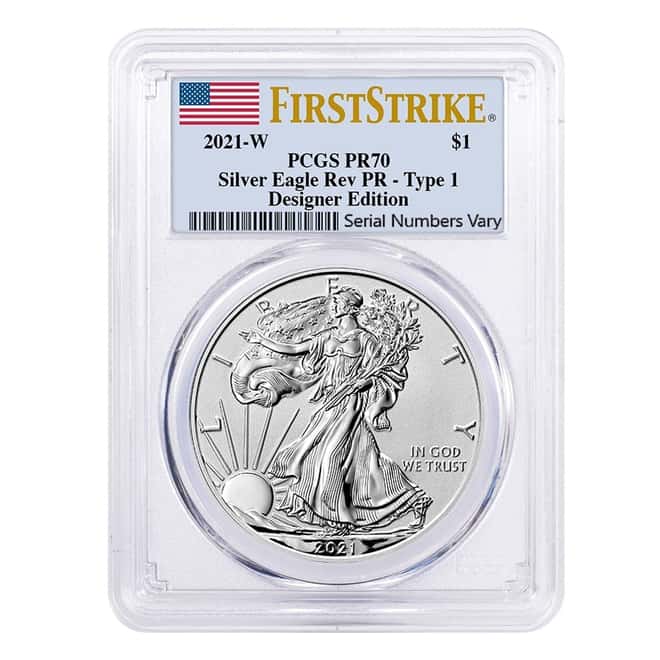 2021-W 1 oz Rev Proof Silver American Eagle Type 1 PCGS PF 70 FS Designer Edition