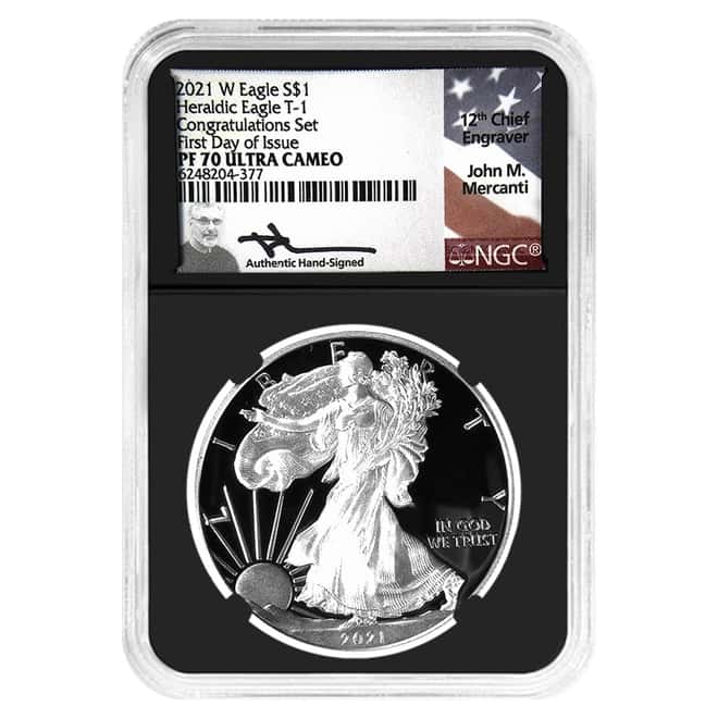 2021-W 1 oz Silver Eagle Congratulations Set NGC PF 70 FD Mercanti Sign