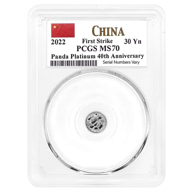 2022 1 gram Chinese Platinum Panda 40th Ann Privy 30 Yuan PCGS MS 70 FS