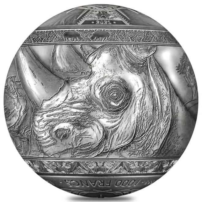 2022 1 Kilo Silver Big Five - Rhinoceros Spherical Coin Djibouti .999 Fine (w/Box & COA)