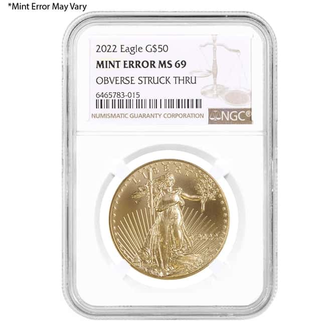 2022 1 oz Gold American Eagle NGC MS 69 Mint Error (Obv Struck Thru)
