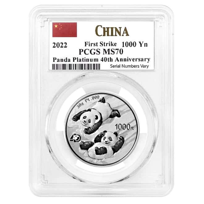2022 30 gram Chinese Platinum Panda 40th Ann Privy 1000 Yuan PCGS MS 70 FS