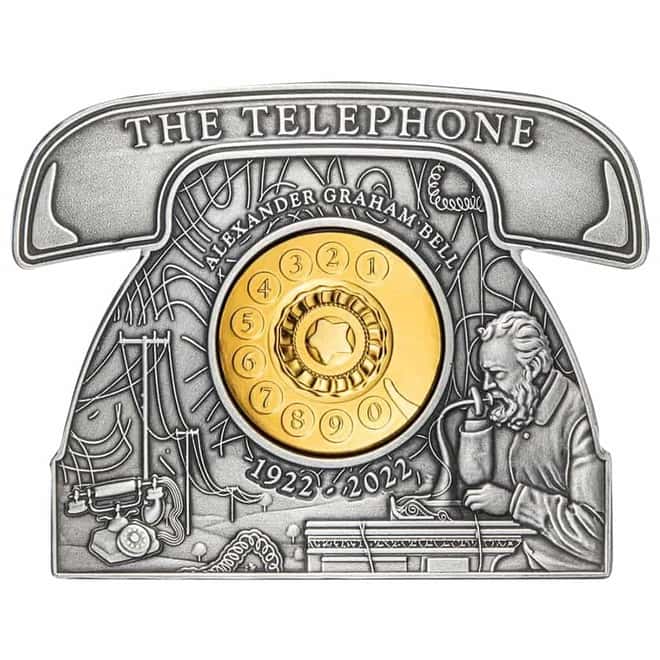 2022 3 oz Silver Alexander Graham Bell Telephone Shaped Coin Barbados .999 Fine (w/Box & COA)