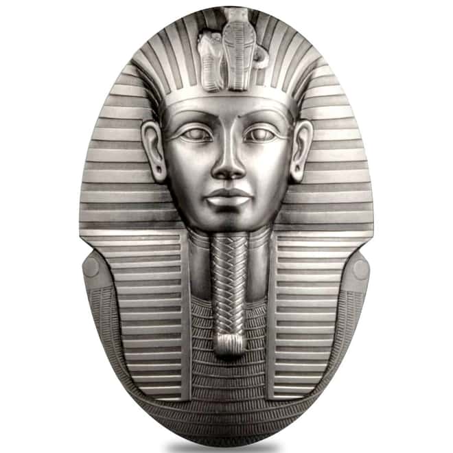 2022 3 oz Silver Mask of Tutankhamun 100th Ann 3D Shaped Coin Djibouti .999 Fine (w/Box & COA)