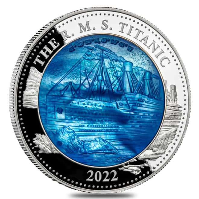 2022 5 oz Silver RMS Titanic Mother Of Pearl Coin Solomon Islands .999 Fine (w/Box & COA)