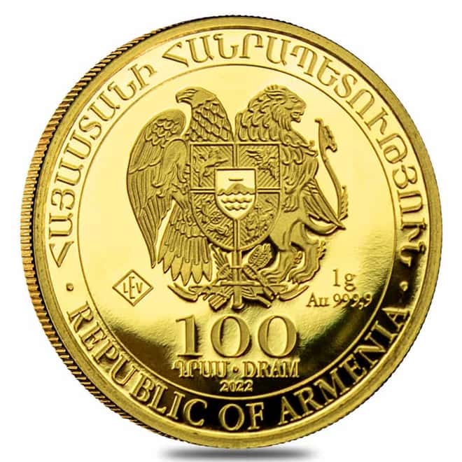 2022 Armenia 1 gram Gold Noah's Ark 100 Drams Coin BU (In Assay)