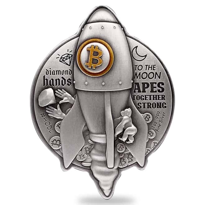 2022 Chad 1 oz Silver Bitcoin Rocket Shaped Coin NGC MS 69 ER Antiqued High Relief