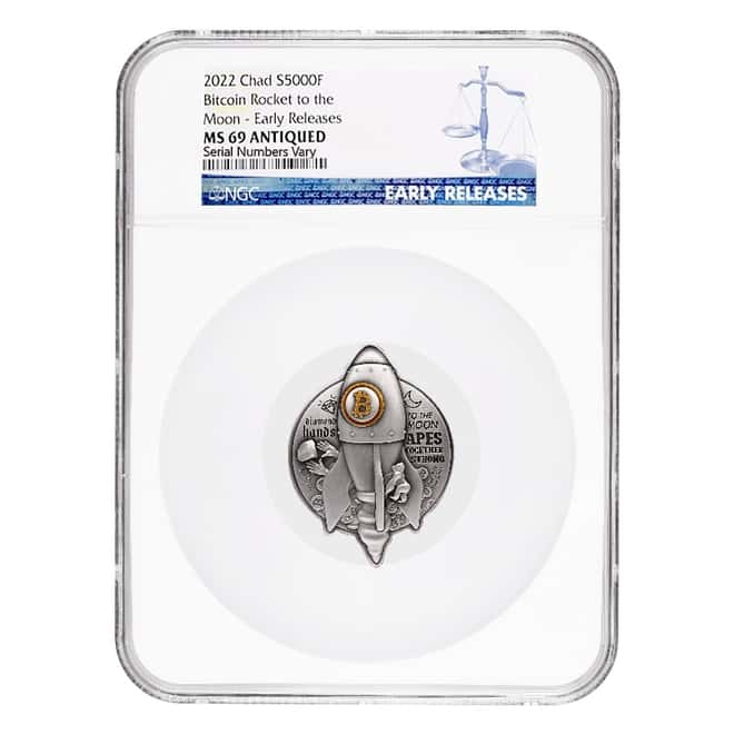 2022 Chad 1 oz Silver Bitcoin Rocket Shaped Coin NGC MS 69 ER Antiqued High Relief