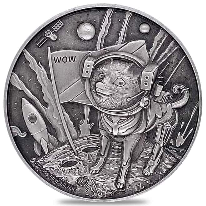2022 Chad 2 oz Silver Doge On The Moon Antiqued High Relief Coin .999 Fine (w/Box)