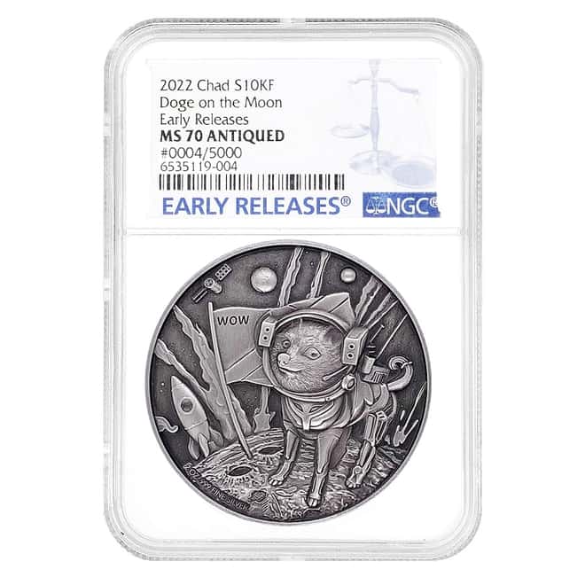2022 Chad 2 oz Silver Doge On The Moon Coin Serial #4 NGC MS 70 ER Antiqued High Relief