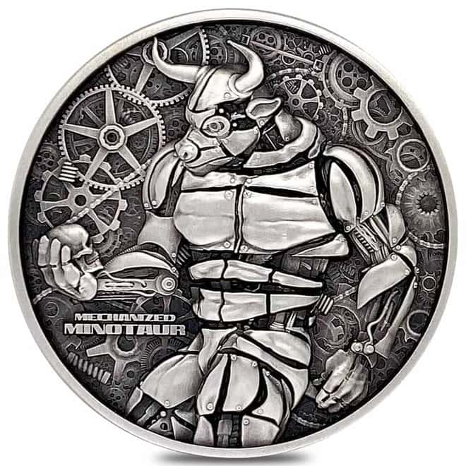 2022 Chad 2 oz Silver Mechanized Minotaur Coin Serial #4 NGC MS 70 ER Antiqued High Relief