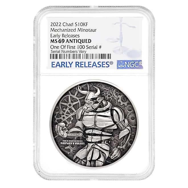 2022 Chad 2 oz Silver Mechanized Minotaur Coin NGC MS 69 ER One of First 100