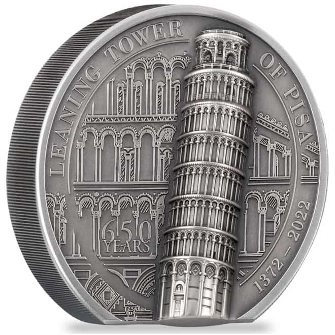 2022 Cook Islands 2 oz Silver Leaning Tower of Pisa Coin Antiqued .999 Fine (w/Box & COA)