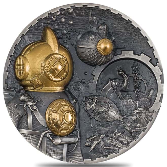 2022 Cook Islands 3 oz Silver Steampunk Nautilus Coin Antiqued .999 Fine (w/Box & COA)