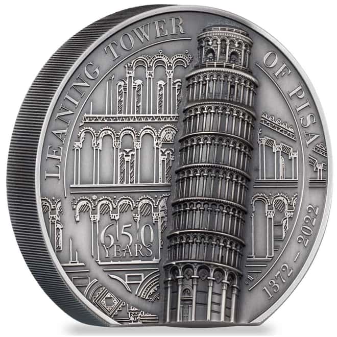 2022 Cook Islands 5 oz Silver Leaning Tower of Pisa Coin Antiqued .999 Fine (w/Box & COA)