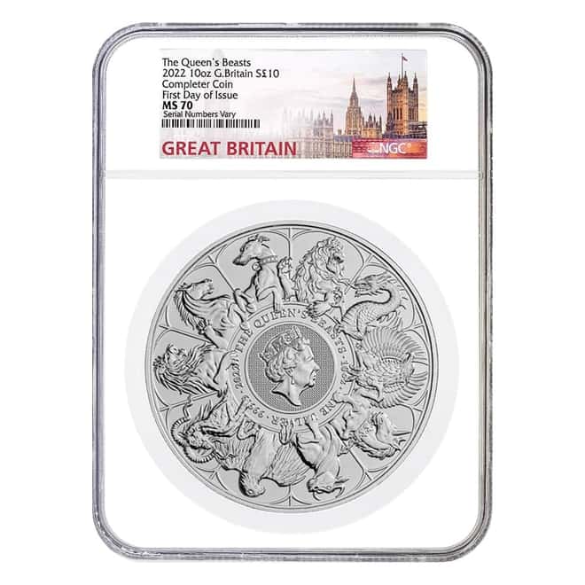 2022 Great Britain 10 oz Silver Queen's Beasts Completer Coin NGC MS 70 FDOI