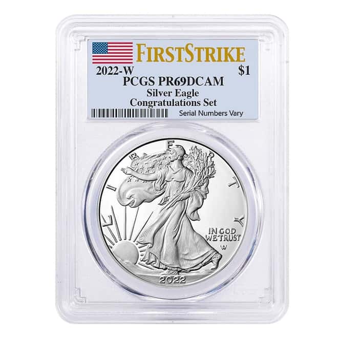 2022 W 1 oz Proof Silver American Eagle Congratulations Set PCGS PF 69 FS DCAM
