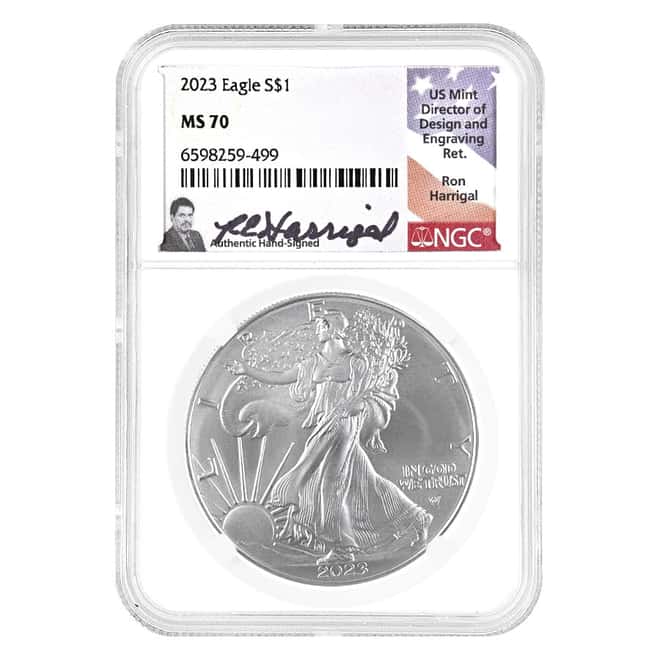 2023 1 oz Silver American Eagle NGC MS 70 Harrigal Sign