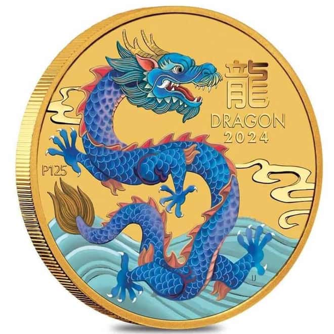 2024 1/20 oz Colorized Gold Lunar Blue Dragon BU Perth Mint