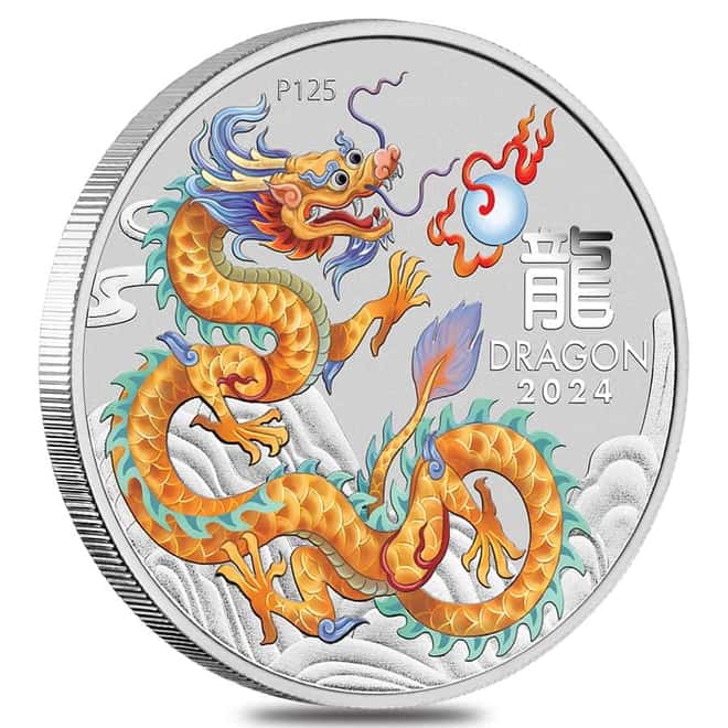2024 1 oz Colorized Silver Lunar Golden Dragon Coin Perth Mint WFM