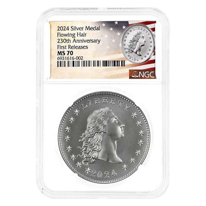 2024 1 oz Flowing Hair Silver Medal 230th Ann. NGC MS 70 FR