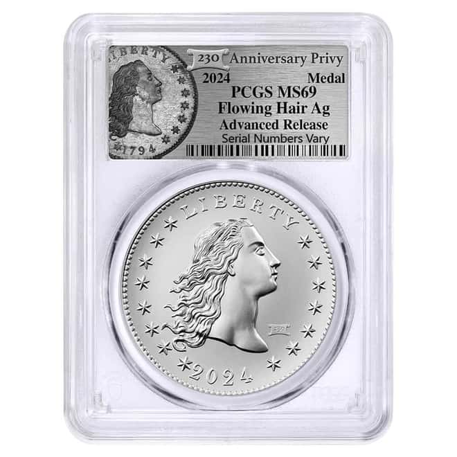 2024 230 Privy 1 oz Flowing Hair Silver Medal PCGS MS 69 AR (Flowing Hair)