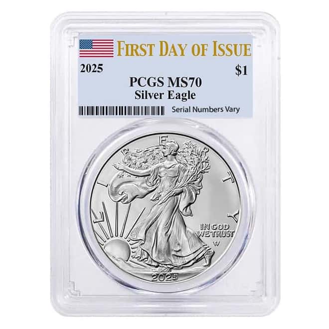 2025 1 oz Silver American Eagle PCGS MS 70 FDOI (Flag)