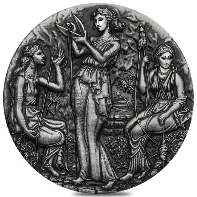 2025 2 oz Fate - The Moirai Antiqued Silver High Relief Coin Perth Mint