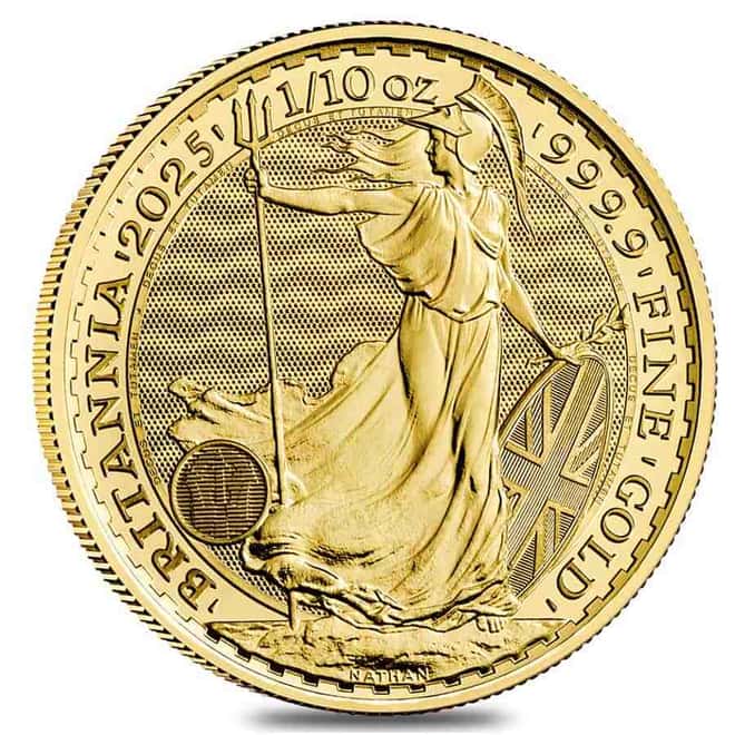 Tube of 25 - 2025 Great Britain 1/10 oz Gold Britannia Coin BU
