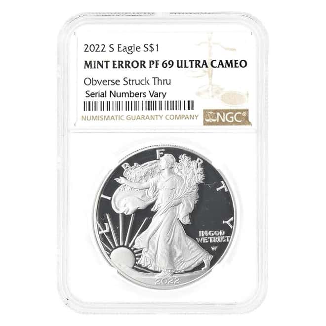 2022-S 1 oz Proof Silver American Eagle NGC PF 69 Mint Error (Obv Struck Thru)