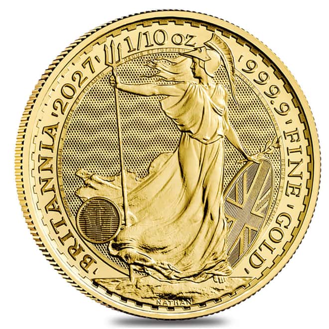 Tube of 25 - 2027 Great Britain 1/10 oz Gold Britannia Coin BU