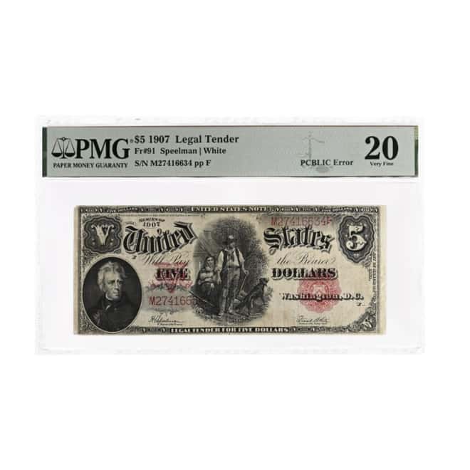 1907 $5 Legal Tender United States Note PMG VF 20 PCBLIC Error