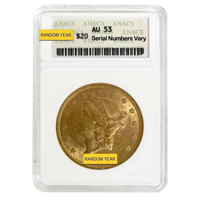 $20 Gold Double Eagle Liberty Head ANACS AU 53 Soapbox Holder (Random Year)