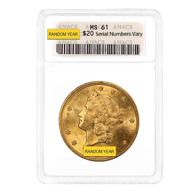 $20 Gold Double Eagle Liberty Head ANACS MS 61 Soapbox Holder (Random Year)