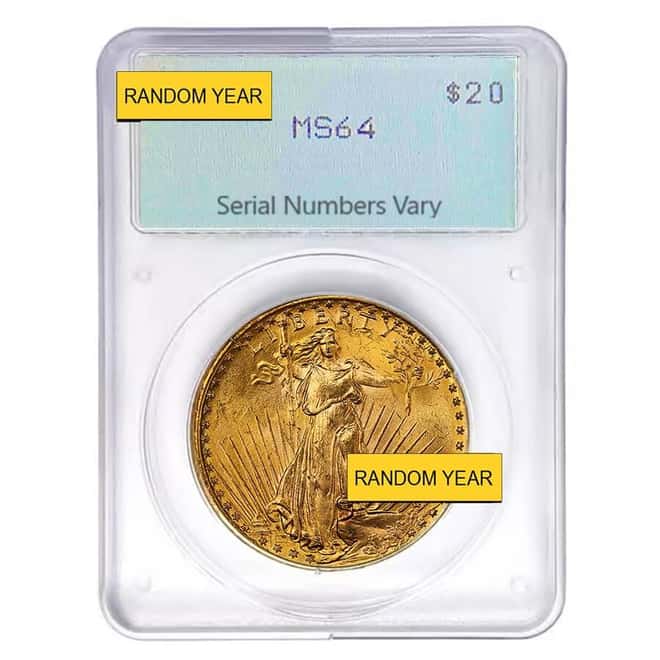 $20 Gold Double Eagle Saint Gaudens PCGS MS 64 Rattler Holder (Random Year)