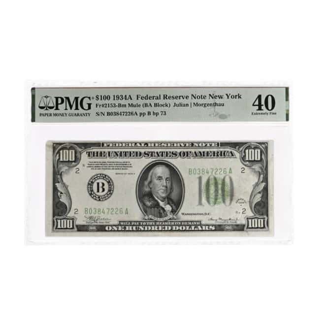 1934 A $100 Federal Reserve Currency Note New York PMG XF 40