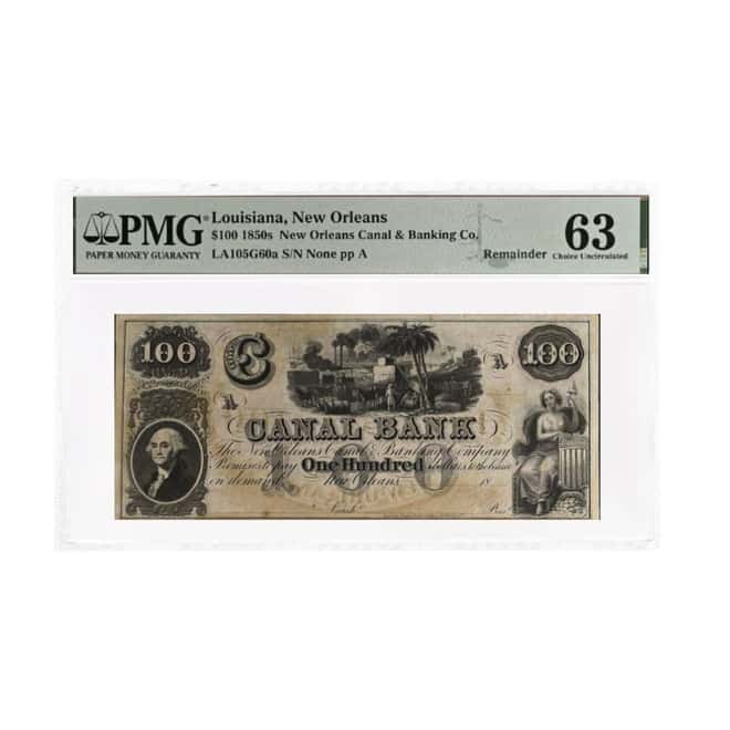1850s $100 Louisiana New Orleans Canal & Banking Co. PMG CU 63 Remainder