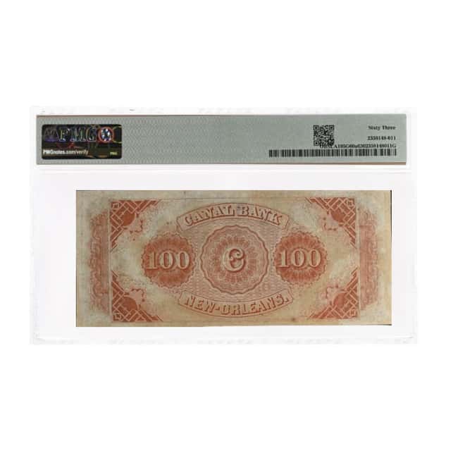 1850s $100 Louisiana New Orleans Canal & Banking Co. PMG CU 63 (Remainder)