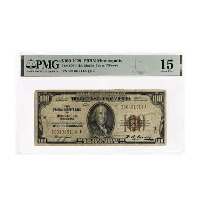 1929 $100 National Currency Note Minneapolis PMG F 15