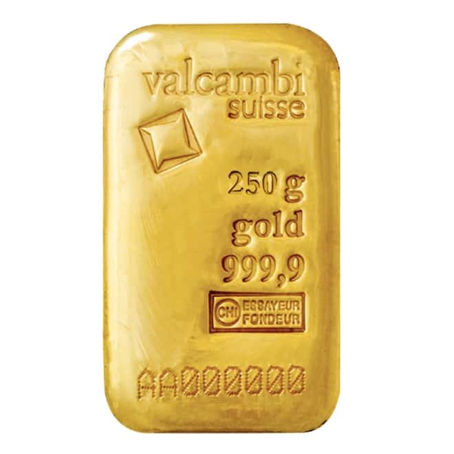 250 gram Gold Bar Valcambi Suisse .9999 Fine (Cast, w/Assay)