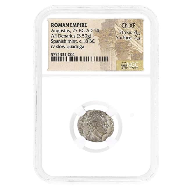27 BC-14 AD Roman Empire Augustus AR Denarius Silver Coin NGC Ch XF