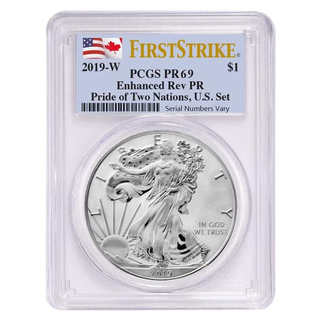 2019 W 1 oz Enhanced Rev. Proof Silver American Eagle PCGS PF 69 FS (Two Flags Label, Pride of Two Nations)