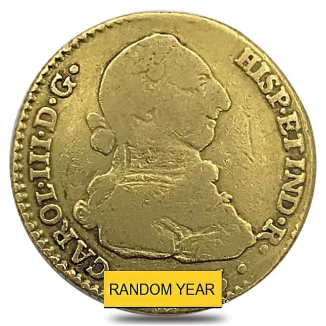 2 Escudos Spain Charles III Gold Coin AGW .1961 oz Avg Circ (1773 - 1779, Random Year)