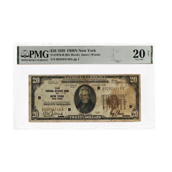 1929 $20 National Currency Note New York PMG VF 20 (Stained)