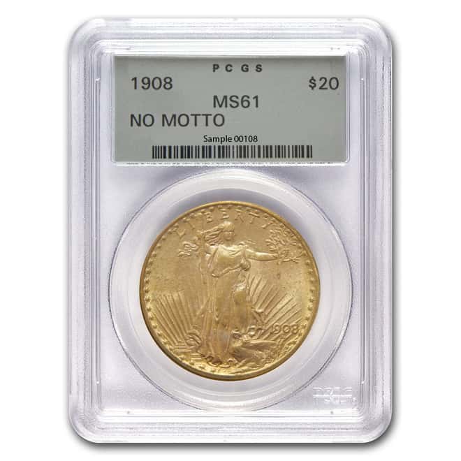 1908 $20 Gold St. Gaudens Double Eagle Coin PCGS MS 61 No Motto