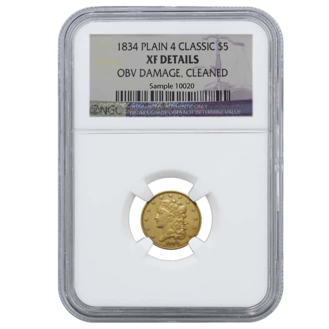 1834 $5 Plain 4 Classic Head Gold Half Eagle Coin NGC XF Details